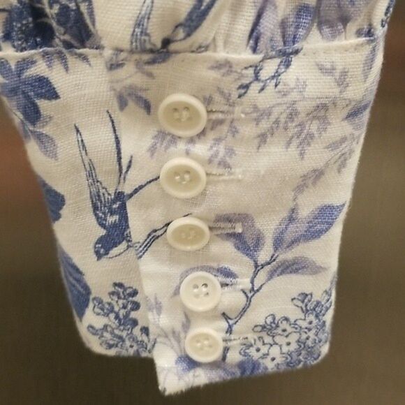 💕REFORMATION💕 Stilton Linen Top  Pompadour Blue White Floral Bird Print 2 NWT - Picture 7 of 13